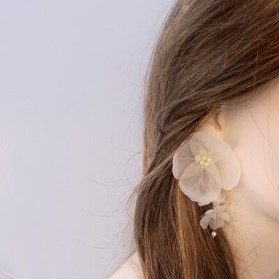 Garden Wedding Earring, Dangle EarringFabric Flower Earrings, Silk Flower Earrings, Silver White Flower Earrings, Pearl Floral Earrings - image4